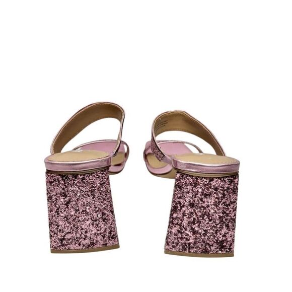 Abound Sandals Size 5 Pink Double Strap Glitter Slip On Open Square Toe Heels - Picture 5 of 8